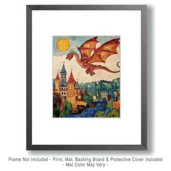 Folk Art Style Draco Flying Over Castle - Dragon Wall Art Prints – 8″x10″ Artwork for 11″x14″ Frame