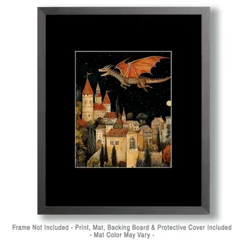 Old English Style Draco Flying Over Castle - Dragon Wall Art Prints – 8″x10″ Artwork for 11″x14″ Frame