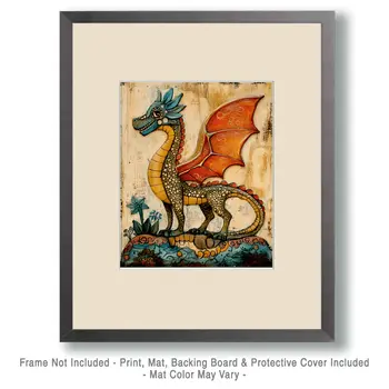 Carved Wood Draco - Dragon Wall Art Prints – 8″x10″ Artwork for 11″x14″ Frame