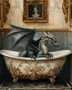 Dark Dragon in Bathtub - Dragon Wall Art Prints – 8″x10″ Artwork for 11″x14″ Frame