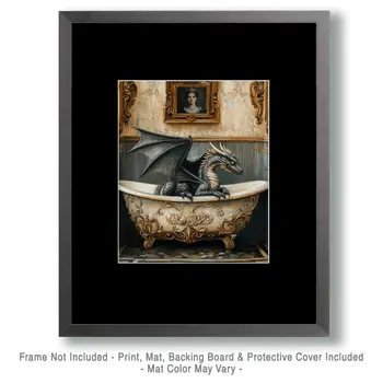 Dark Dragon in Bathtub - Dragon Wall Art Prints – 8″x10″ Artwork for 11″x14″ Frame