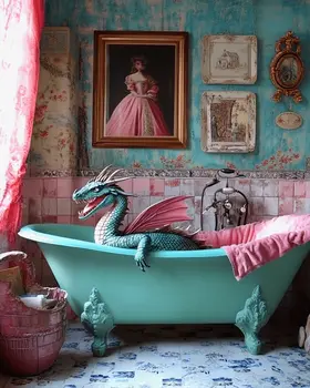 Green Draco in Bathtub - Dragon Wall Art Prints – 8″x10″ Artwork for 11″x14″ Frame