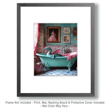 Green Draco in Bathtub - Dragon Wall Art Prints – 8″x10″ Artwork for 11″x14″ Frame