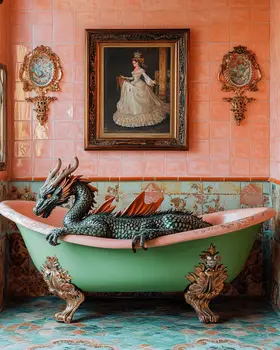 Draco in Bathtub - Dragon Wall Art Prints – 8″x10″ Artwork for 11″x14″ Frame