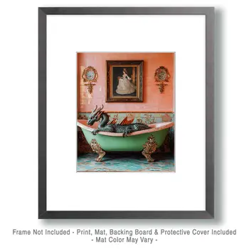 Draco in Bathtub - Dragon Wall Art Prints – 8″x10″ Artwork for 11″x14″ Frame