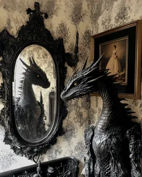Dark Draco Looking in Mirror - Dragon Wall Art Prints – 8″x10″ Artwork for 11″x14″ Frame