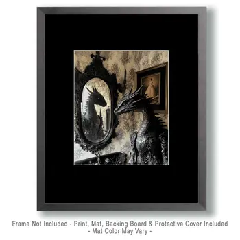 Dark Draco Looking in Mirror - Dragon Wall Art Prints – 8″x10″ Artwork for 11″x14″ Frame