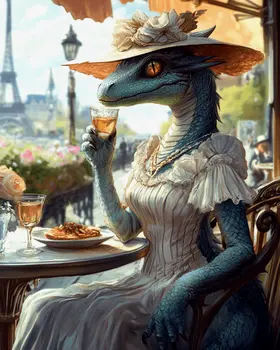 Ms Draco at a Paris Cafe - Dragon Wall Art Prints – 8″x10″ Artwork for 11″x14″ Frame