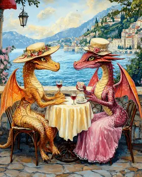 Two Dracos at a Paris Cafe - Dragon Wall Art Prints – 8″x10″ Artwork for 11″x14″ Frame