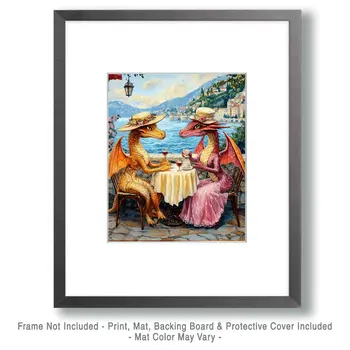Two Dracos at a Paris Cafe - Dragon Wall Art Prints – 8″x10″ Artwork for 11″x14″ Frame