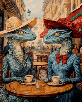 A Pair of Dracos at a Paris Cafe - Dragon Wall Art Prints – 8″x10″ Artwork for 11″x14″ Frame