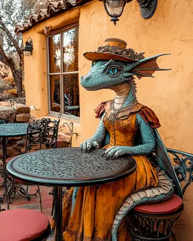 Turquoise Dragon at a Santa Fe Cafe - Dragon Wall Art Prints – 8″x10″ Artwork for 11″x14″ Frame