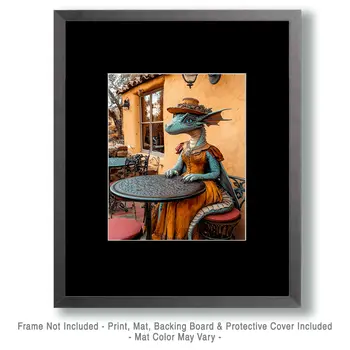Turquoise Dragon at a Santa Fe Cafe - Dragon Wall Art Prints – 8″x10″ Artwork for 11″x14″ Frame
