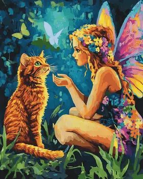 Fairy Explaining to Her Cat - Fairies Wall Art Prints – 8″x10″ Artwork for 11″x14″ Frame