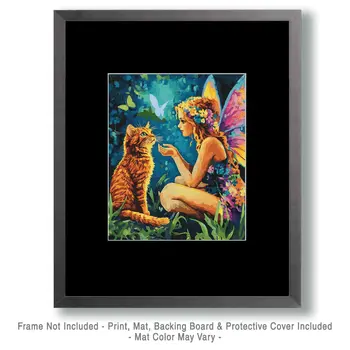 Fairy Explaining to Her Cat - Fairies Wall Art Prints – 8″x10″ Artwork for 11″x14″ Frame