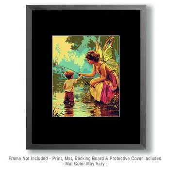 Fairy Fishing with a Friend - Fairies Wall Art Prints – 8″x10″ Artwork for 11″x14″ Frame