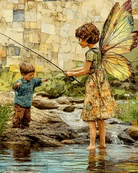 Fairy Trying to Teach Fishing to a Child - Fairies Wall Art Prints – 8″x10″ Artwork for 11″x14″ Frame