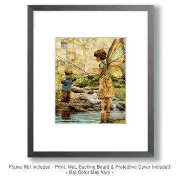 Fairy Trying to Teach Fishing to a Child - Fairies Wall Art Prints – 8″x10″ Artwork for 11″x14″ Frame