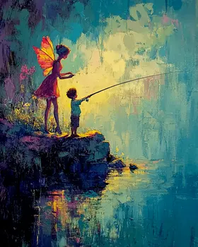 Fairy Helping a Young Friend Fish - Fairies Wall Art Prints – 8″x10″ Artwork for 11″x14″ Frame