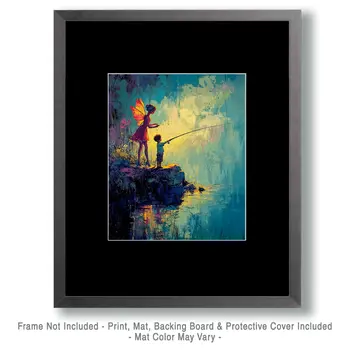 Fairy Helping a Young Friend Fish - Fairies Wall Art Prints – 8″x10″ Artwork for 11″x14″ Frame