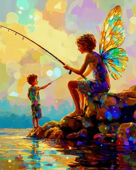 A Little Fishing Magic - Fairies Wall Art Prints – 8″x10″ Artwork for 11″x14″ Frame