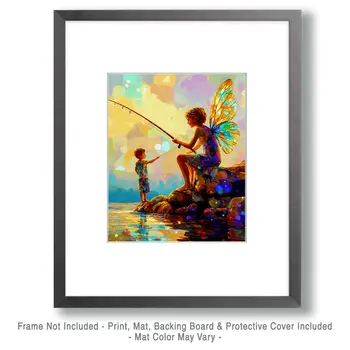 A Little Fishing Magic - Fairies Wall Art Prints – 8″x10″ Artwork for 11″x14″ Frame