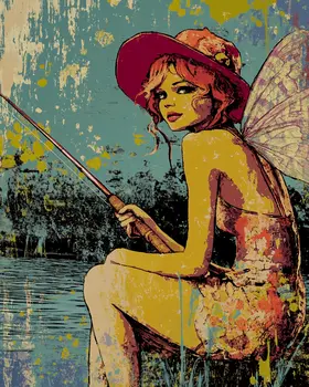 Vintage Fairy Fishing Artwork - Fairies Wall Art Prints – 8″x10″ Artwork for 11″x14″ Frame