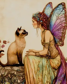 Siamese Cat and Her Fairy - Fairies Wall Art Prints – 8″x10″ Artwork for 11″x14″ Frame