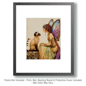 Siamese Cat and Her Fairy - Fairies Wall Art Prints – 8″x10″ Artwork for 11″x14″ Frame