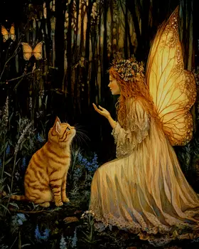 Late Night Discussion Fairy to Cat - Fairies Wall Art Prints – 8″x10″ Artwork for 11″x14″ Frame