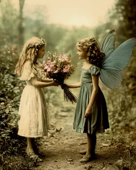 Colorized Vintage Photo of a Fairy and Her Friend - Fairies Wall Art Prints – 8″x10″ Artwork for 11″x14″ Frame