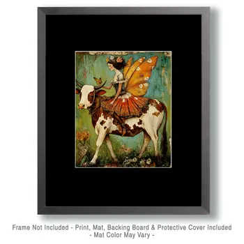 Folk Art Fairy Riding a Cow - Fairies Wall Art Prints – 8″x10″ Artwork for 11″x14″ Frame