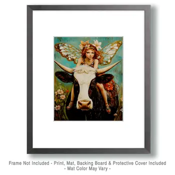 Fairy Riding a Bull - Fairies Wall Art Prints – 8″x10″ Artwork for 11″x14″ Frame