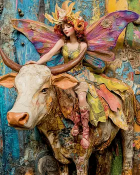 Fairy Enjoying a Bull Ride - Fairies Wall Art Prints – 8″x10″ Artwork for 11″x14″ Frame