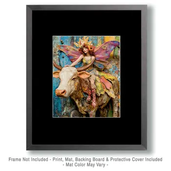 Fairy Enjoying a Bull Ride - Fairies Wall Art Prints – 8″x10″ Artwork for 11″x14″ Frame