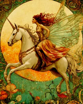 Full Moon Fairy on Unicorn - Fairies Wall Art Prints – 8″x10″ Artwork for 11″x14″ Frame