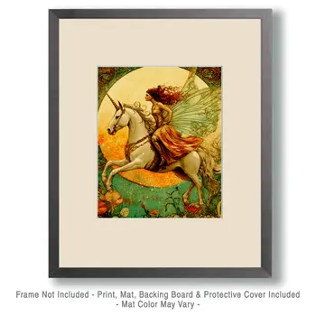Full Moon Fairy on Unicorn - Fairies Wall Art Prints – 8″x10″ Artwork for 11″x14″ Frame