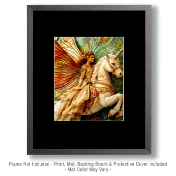 Fairy on Noble Unicorn - Fairies Wall Art Prints – 8″x10″ Artwork for 11″x14″ Frame
