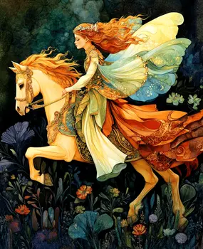 Fairy on White Stallion - Fairies Wall Art Prints – 8″x10″ Artwork for 11″x14″ Frame
