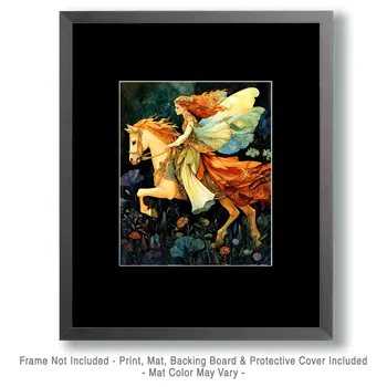 Fairy on White Stallion - Fairies Wall Art Prints – 8″x10″ Artwork for 11″x14″ Frame