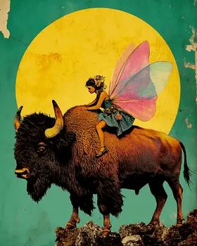 Full Moon Fairy on Bison - Fairies Wall Art Prints – 8″x10″ Artwork for 11″x14″ Frame