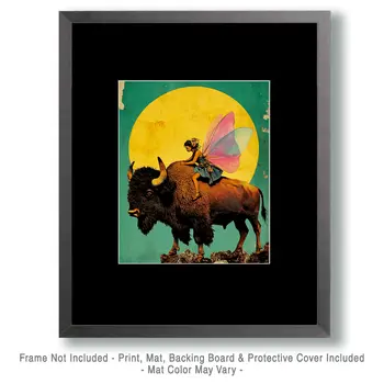 Full Moon Fairy on Bison - Fairies Wall Art Prints – 8″x10″ Artwork for 11″x14″ Frame