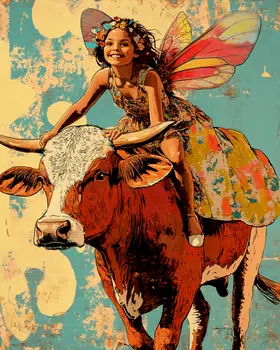 Vintage Fairy Riding a Cow - Fairies Wall Art Prints – 8″x10″ Artwork for 11″x14″ Frame