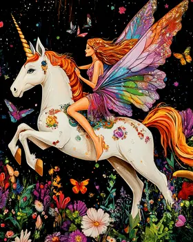 Brilliant Fae on Her Unicorn - Fairies Wall Art Prints – 8″x10″ Artwork for 11″x14″ Frame