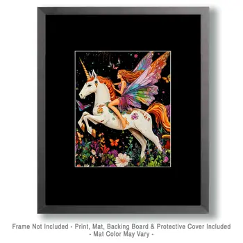 Brilliant Fae on Her Unicorn - Fairies Wall Art Prints – 8″x10″ Artwork for 11″x14″ Frame