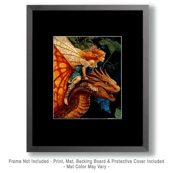 Fae's Dragon Ride - Fairies Wall Art Prints – 8″x10″ Artwork for 11″x14″ Frame