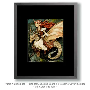Elf Riding a Dragon - Fairies Wall Art Prints – 8″x10″ Artwork for 11″x14″ Frame