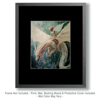 Fairy and Dragon on the Hunt - Fairies Wall Art Prints – 8″x10″ Artwork for 11″x14″ Frame