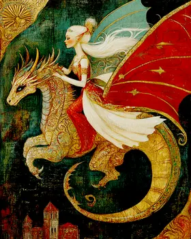 The White Fairy on Her Dragon - Fairies Wall Art Prints – 8″x10″ Artwork for 11″x14″ Frame