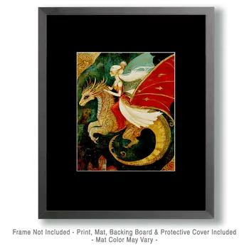 The White Fairy on Her Dragon - Fairies Wall Art Prints – 8″x10″ Artwork for 11″x14″ Frame